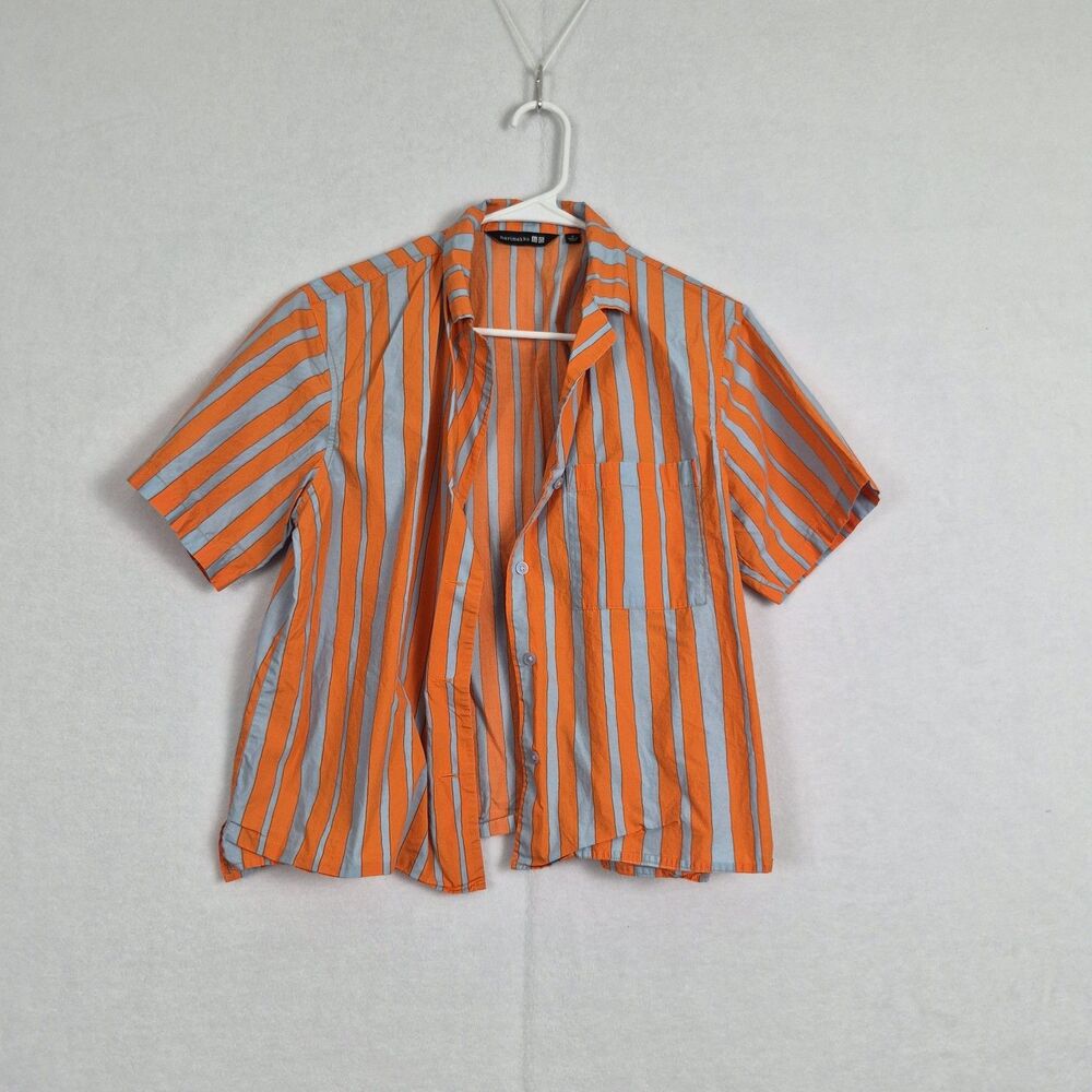 MARIMEKKO x Uniqlo Striped Button Top Sm Orange Gray Boxy Fit 100%Cotton